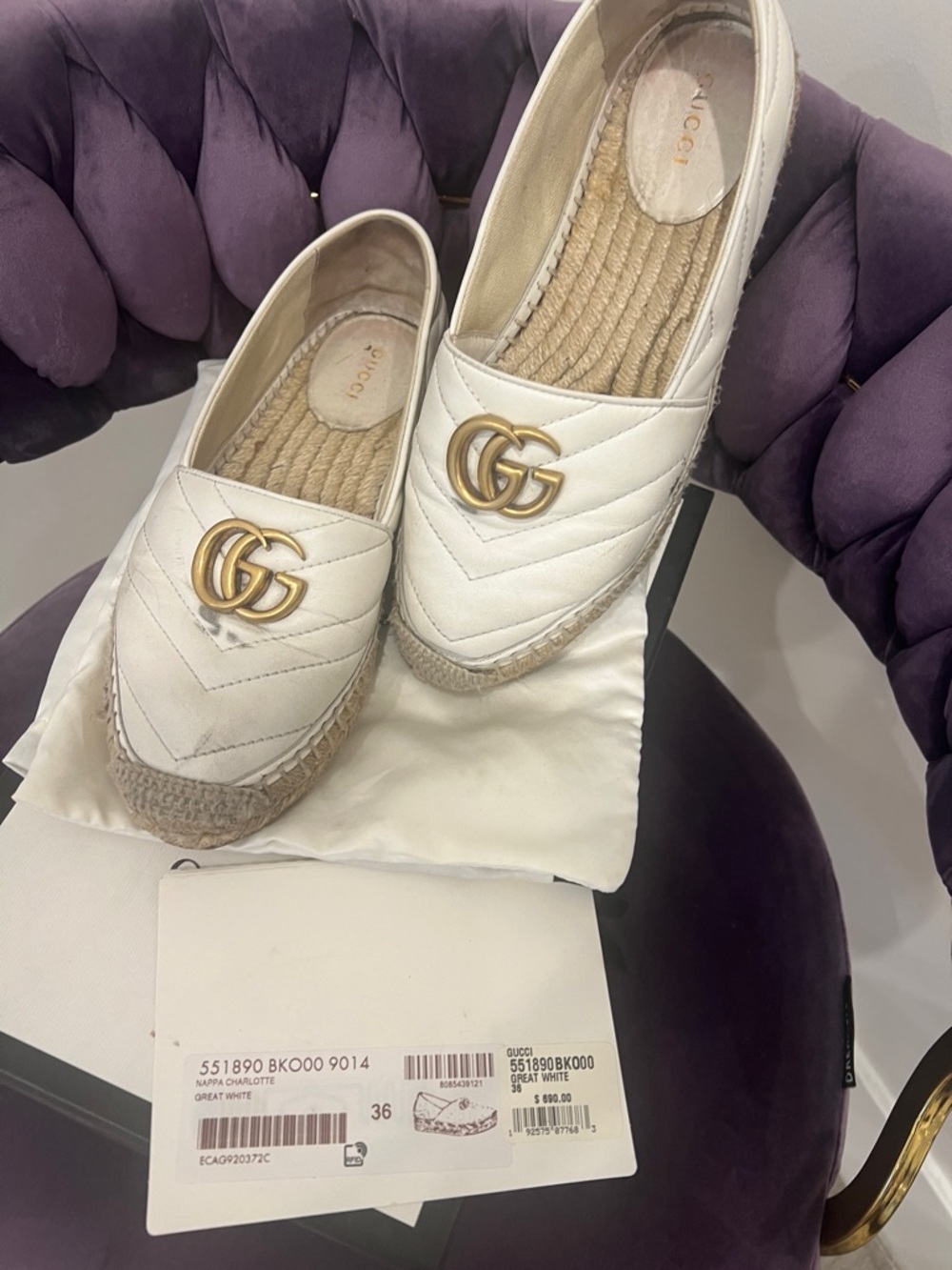 Gucci White Quilted Leather Espadrilles with Gold Double G - Picture 5 of 5
